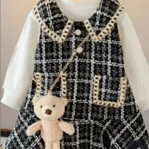New Chic Black and White Kids Dress with Teddy Bear Accessory